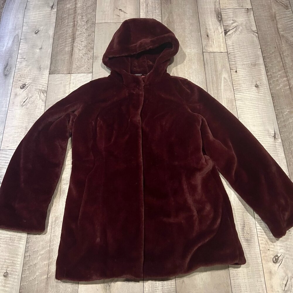 DENNIS BY DENNIS BASSO WINE RED FAUX FUR COAT WITH ATTACHED HOOD HEAVY THICK
